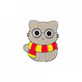 Crookshanks Cat-shaped pin with glasses and a red and yellow scarf on a white background