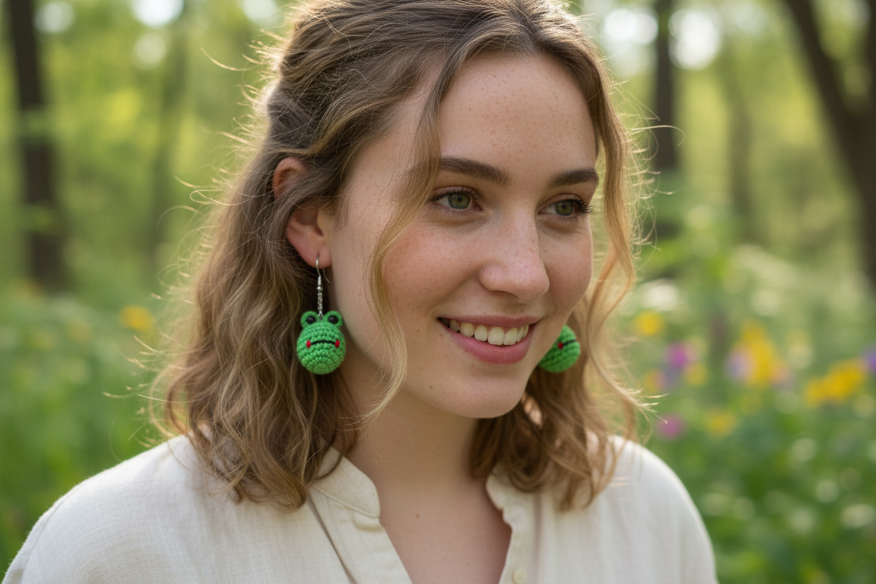 Frog Crochet Dangly Earrings lifestyle shot