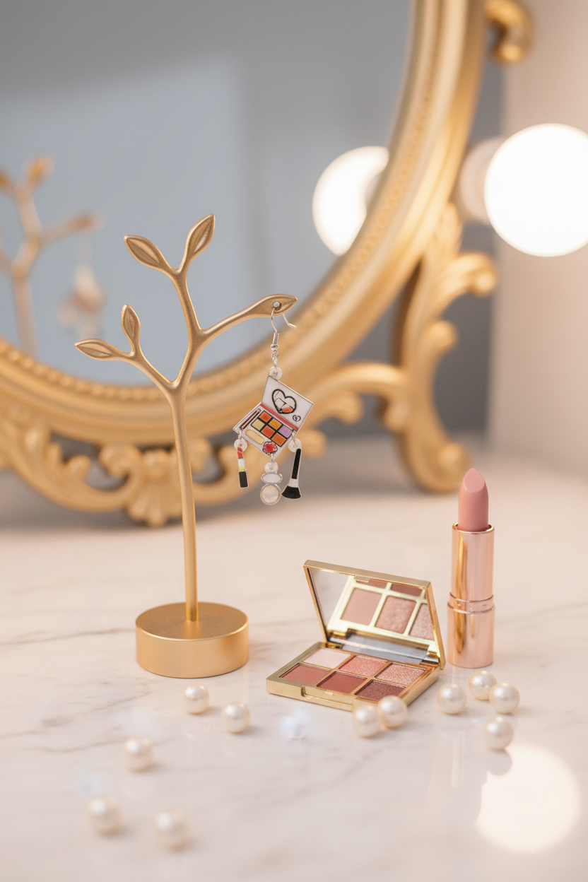 Handmade makeup compact dangly earrings styled on a luxury dressing table with makeup palette and lipstick – beauty gift by Tadley Crafts