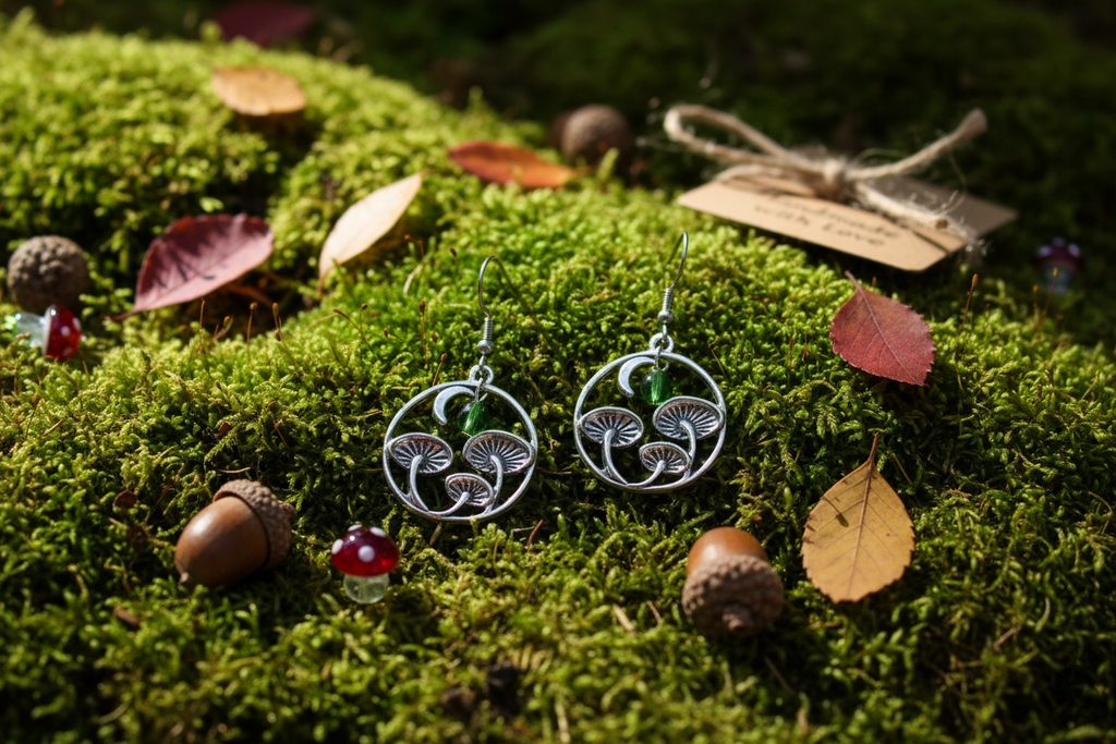 Handmade toadstool mushroom hoop earrings styled on mossy woodland surface with autumn leaves and acorns cottagecore gift