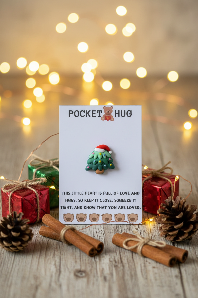 Handmade Christmas tree pocket hug card styled in a cosy festive scene with wrapped gifts, fairy lights and pine cones – stocking filler gift by Tadley Crafts