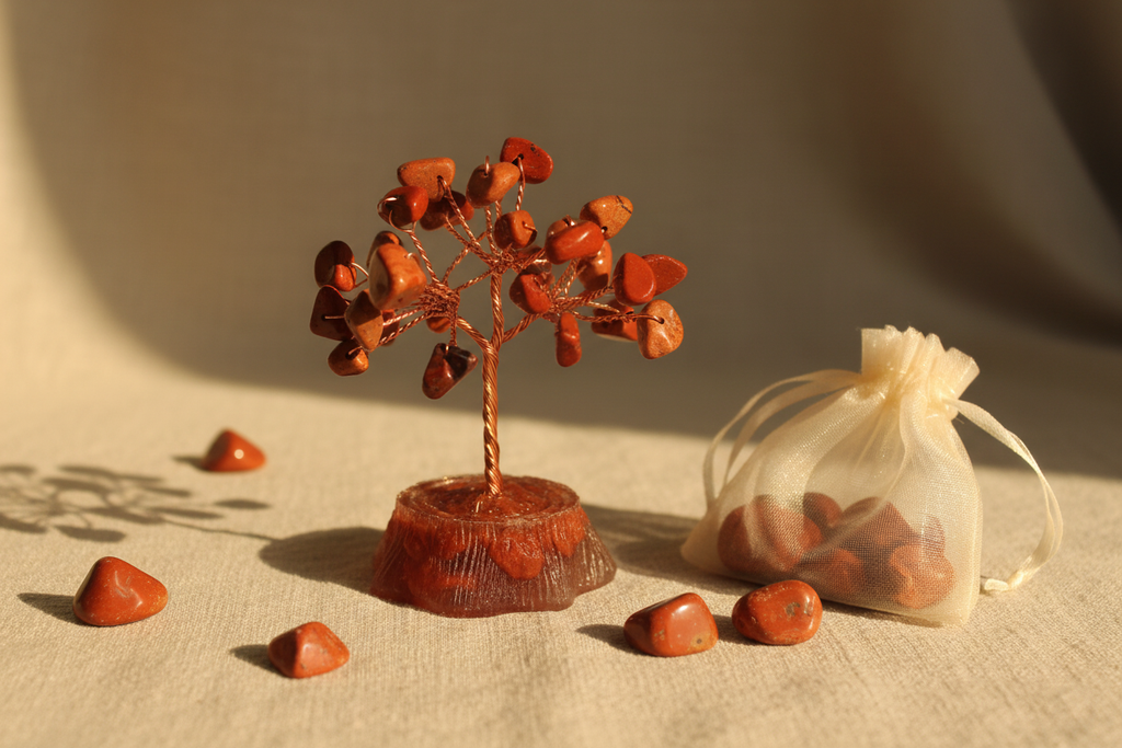 Red jasper crystal tree lifestyle shot with organza gift bag and loose jasper stones