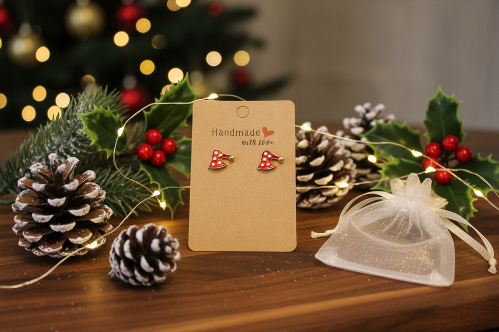 Christmas hat stud earrings styled on a festive flat lay with pine cones, holly, fairy lights and organza gift bag