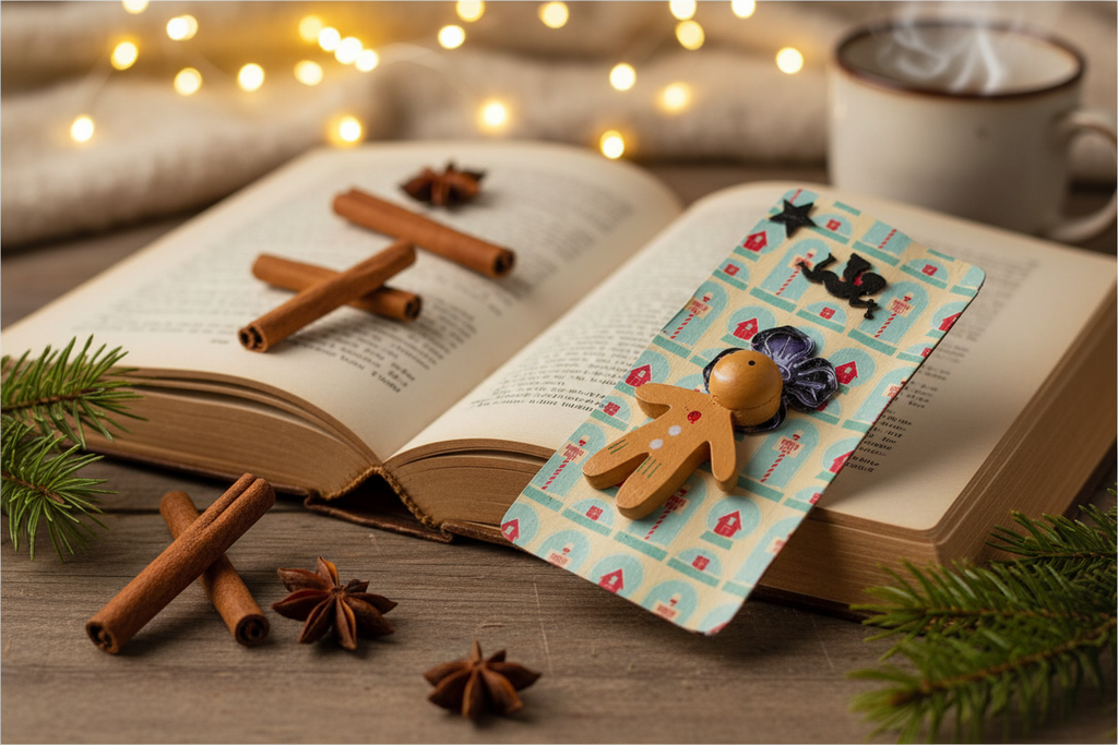Handmade Christmas gingerbread man wooden bookmark styled on open book with cinnamon sticks and fairy lights