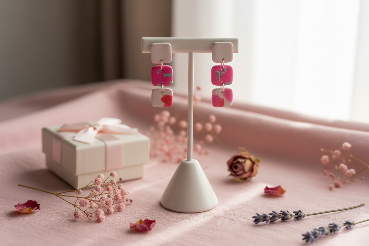 Pink Dangly Polymer Clay Earrings 3