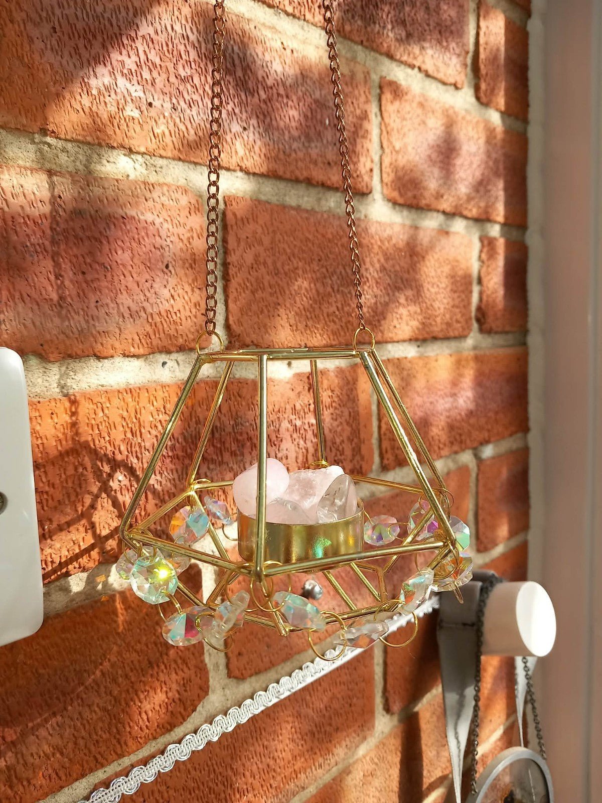 Rose Quartz Crystal Hexagonal Golden Wired Suncatcher glass Beads Brand New - Tadley crafts