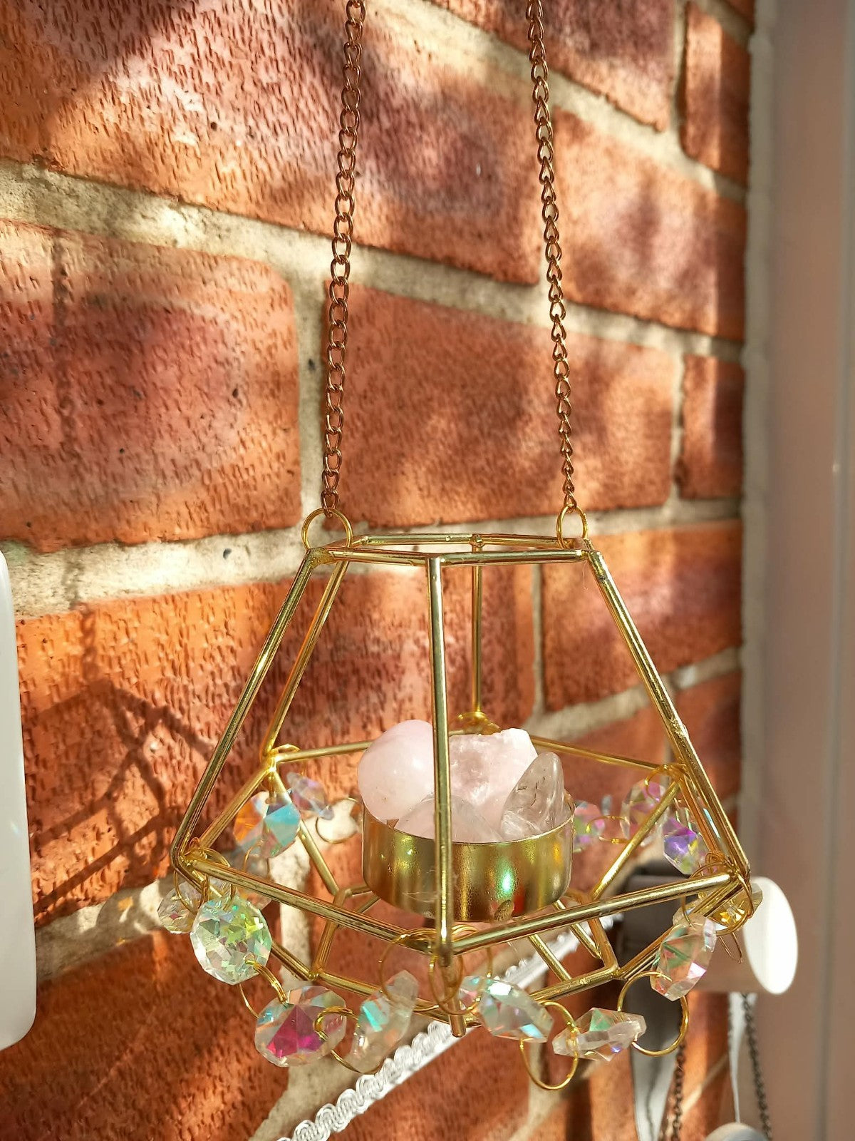 Rose Quartz Crystal Hexagonal Golden Wired Suncatcher glass Beads Brand New