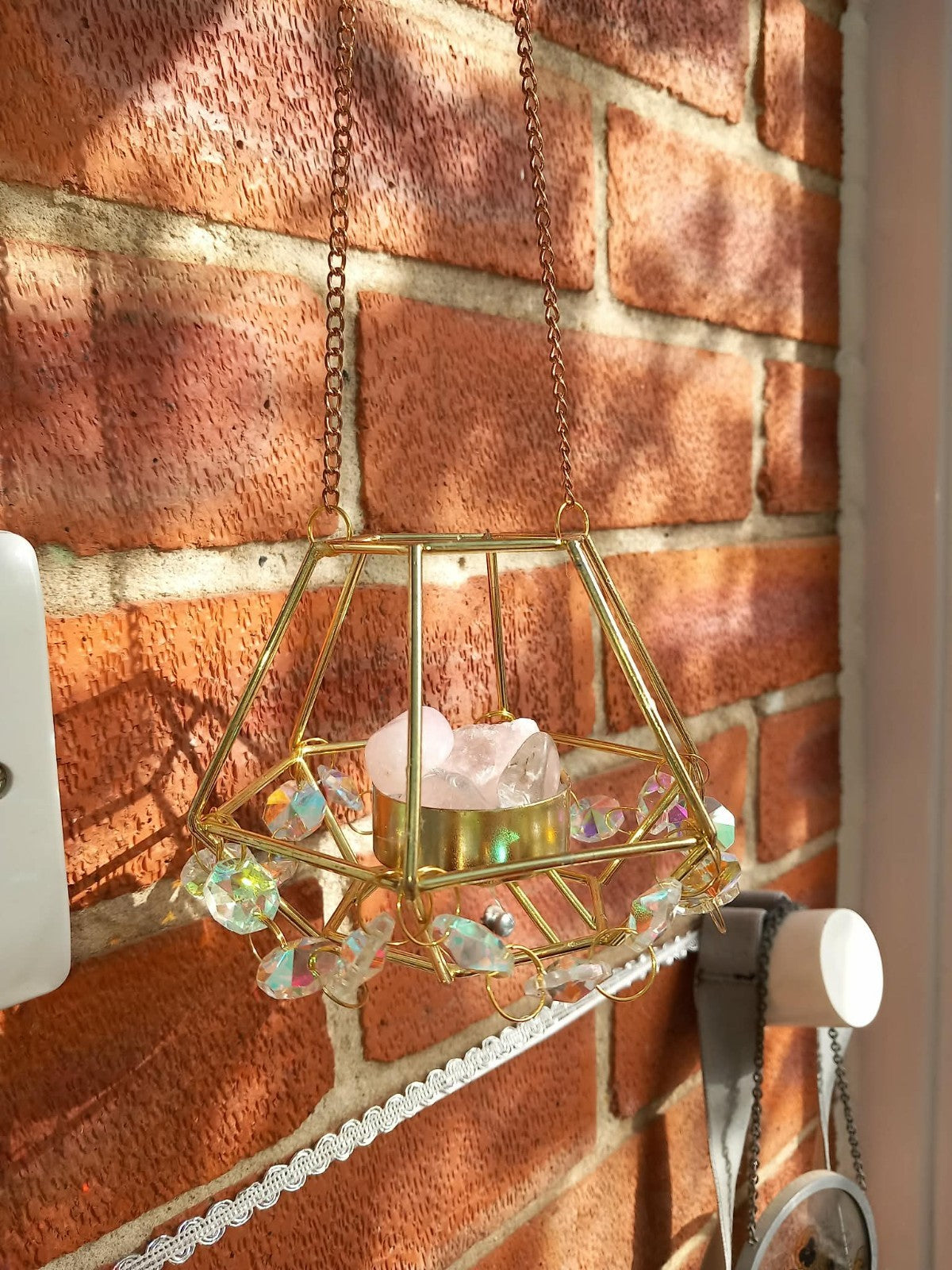 Rose Quartz Crystal Hexagonal Golden Wired Suncatcher glass Beads Brand New