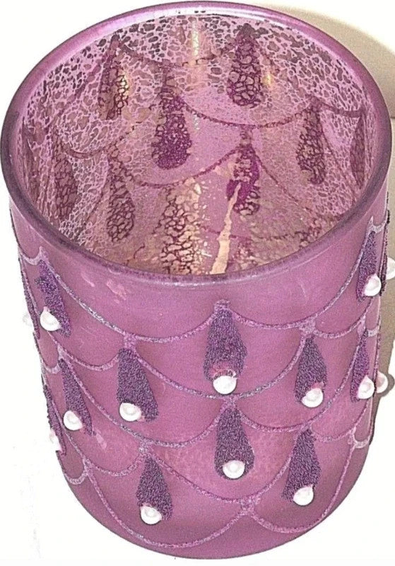 Pink Glass Hurricane Candle Holder | 12cm | Pearl Bead Detail | Boxed