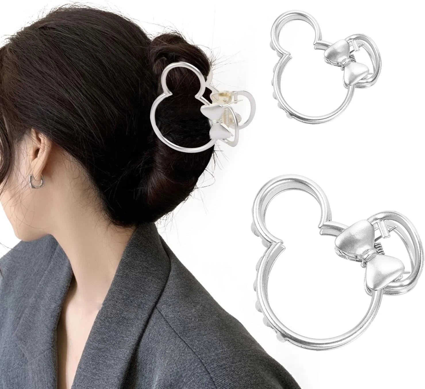 Silver Mouse Bow Style Hair Claw Clips for Thick Hair | Pack of 2 | Gift for Her
